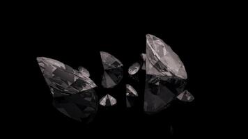 Abstract animation of falling and rotation of large and small diamonds in slow motion on a black background. 3d animation. video