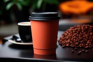 AI generated Paper cup mockup with copy space on table in cafe with coffee beans photo