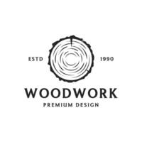 Wood and natural fiber logo template design, carpenter and wooden plank with saw craftsman tools. vector