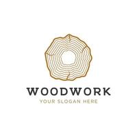 Wood and natural fiber logo template design, carpenter and wooden plank with saw craftsman tools. vector