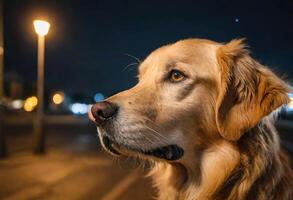 AI generated A golden retriever standing on a street at night photo