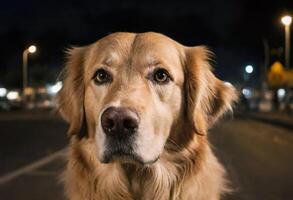 AI generated A golden retriever standing on a street at night photo