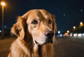 AI generated A golden retriever standing on a street at night photo