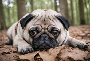 AI generated Adorable Pug Lying in the Leaves photo