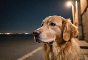 AI generated A golden retriever standing on a street at night photo