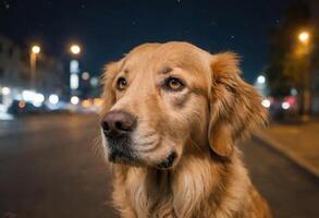 AI generated A golden retriever standing on a street at night photo