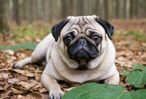 AI generated Adorable Pug Lying in the Leaves photo