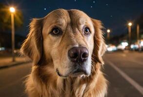 ai generado un dorado perdiguero en pie en un calle a noche foto