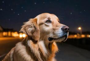 AI generated A golden retriever standing on a street at night photo