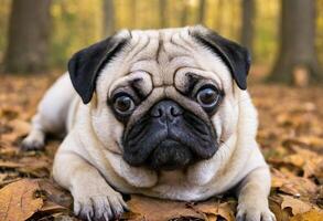 AI generated Adorable Pug Lying in the Leaves photo