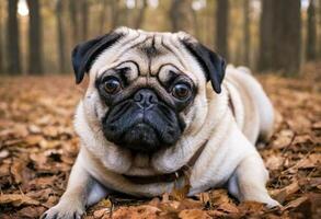 AI generated Adorable Pug Lying in the Leaves photo