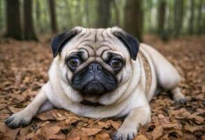 AI generated Adorable Pug Lying in the Leaves photo