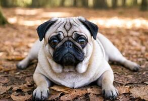 AI generated Adorable Pug Lying in the Leaves photo