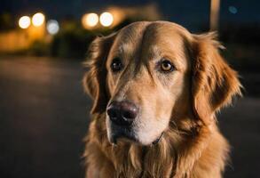 AI generated A golden retriever standing on a street at night photo