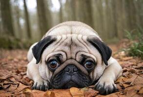 AI generated Adorable Pug Lying in the Leaves photo