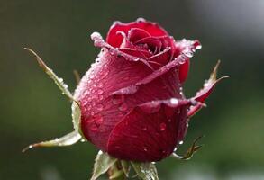 AI generated A beautiful red rose with dew drops on its petals photo