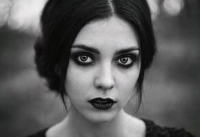 AI generated A hauntingly beautiful woman with dark makeup and piercing eyes. photo