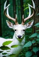 ai generado un majestuoso blanco ciervo en pie en un lozano verde bosque foto