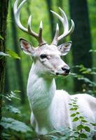 ai generado un majestuoso blanco ciervo en pie en un lozano verde bosque foto