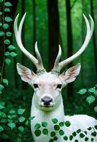 ai generado un majestuoso blanco ciervo en pie en un lozano verde bosque foto