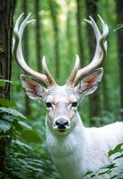 ai generado un majestuoso blanco ciervo en pie en un lozano verde bosque foto