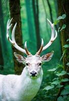 ai generado un majestuoso blanco ciervo en pie en un lozano verde bosque foto