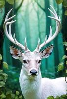 ai generado un majestuoso blanco ciervo en pie en un lozano verde bosque foto