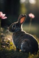 ai generado un de cerca de un Conejo en un campo con un flores foto