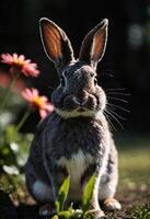 ai generado un de cerca de un Conejo en un campo con un flores foto