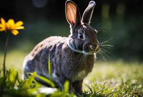 AI generated A close-up of a rabbit in a field with a flowers. photo