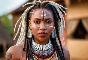 ai generado un hermosa africano mujer con intrincado tribal diseños en su cara y cuello, vistiendo un tradicional collar y pendientes, foto