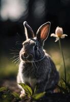 ai generado un de cerca de un Conejo en un campo con un flores foto
