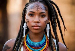 ai generado un hermosa africano mujer con intrincado tribal diseños en su cara y cuello, vistiendo un tradicional collar y pendientes, foto