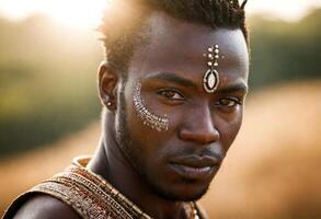 AI generated A young Maasai man with intricate beadwork and braids, wearing traditional Maasai clothing and jewelry. photo