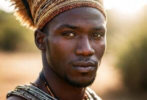 AI generated A young Maasai man with intricate beadwork and braids, wearing traditional Maasai clothing and jewelry. photo