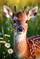 ai generado de cerca retrato de un ciervo en naturaleza con floración plantas foto