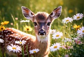 AI generated Closeup Portrait of a Deer in Nature with Flowering Plants photo