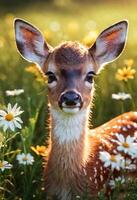 AI generated Closeup Portrait of a Deer in Nature with Flowering Plants photo