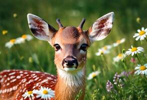 ai generado de cerca retrato de un ciervo en naturaleza con floración plantas foto