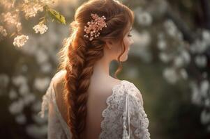 AI generated Back view of bride with long braided hair outdoor portrait. Generate ai photo