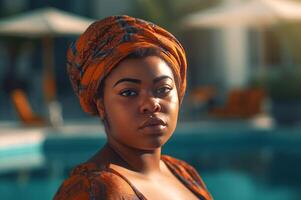 AI generated Chubby Nigerian girl at pool portrait. Generate ai photo