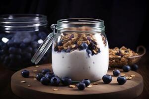 AI generated Blueberry yogurt granola breakfast jar. Generate ai photo