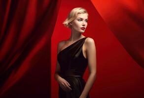 AI generated Fashionable blonde lady in black seductive dress. Generate ai photo