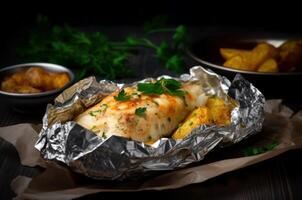 ai generado francés papas fritas pescado plato. generar ai foto