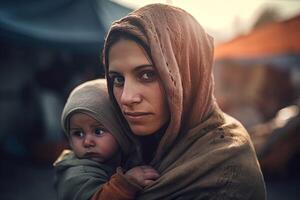 AI generated Homeless poor mother holds up baby. Generate ai photo