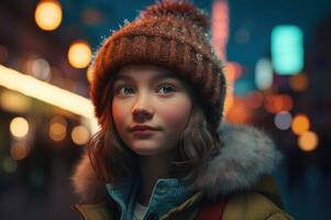 ai generado siberiano niña con peludo chaqueta y sombrero. generar ai foto