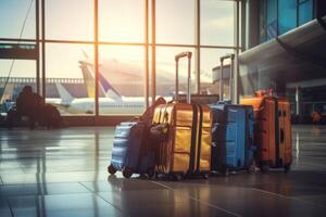 AI generated Identifiable Luggage at the airport with planes. Holiday transport photo