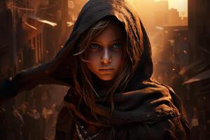 AI generated Formidable Hooded warrior girl. Generate Ai photo