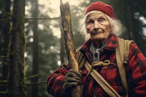 AI generated Adaptable Lumberjack old woman forest. Generate Ai photo