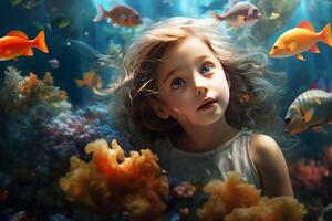 AI generated Vibrant Little girl undersea world. Generate AI photo